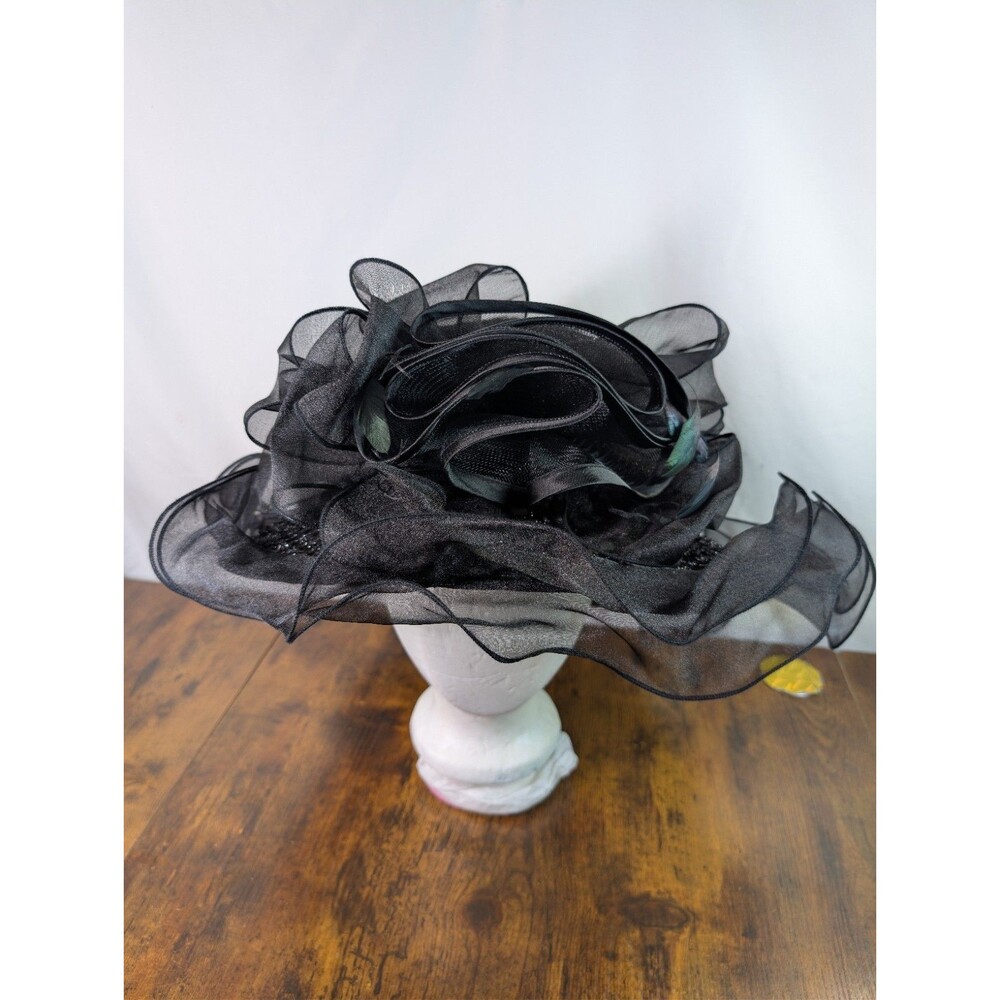 Elegant Black Organza Wide Brim Dress Hat Ruffle Flower Church Kentucky Derby